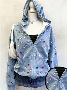 Girls' Light Blue Heart Pattern Zip-Up Hooded Fleece Lined Sweatshirt Jacket, Thickened Loose Casual Cute Top For Elementary School Students, Autumn - Multicolor - View 3