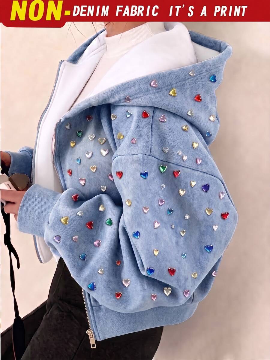 Girls' Light Blue Heart Pattern Zip-Up Hooded Fleece Lined Sweatshirt Jacket, Thickened Loose Casual Cute Top For Elementary School Students, Autumn - Multicolor - View 1