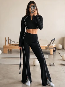 Eassivo Slim Fit Cropped Jacket & Flare Pants Sportswear Set - Multicolor - View 1