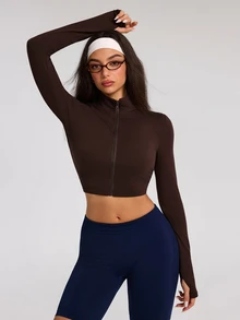Women's Solid Color Zipper Casual Daily Travel Sports Jacket - Coffee Brown - View 5