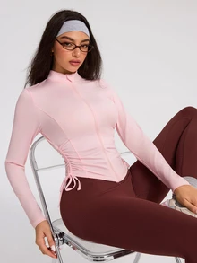 Eassivo Eassivo Women's Solid Color Long Sleeve Zipper Front Side Waist Drawstring Sports Jacket - Pink - View 3