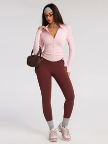 Eassivo Eassivo Women's Solid Color Long Sleeve Zipper Front Side Waist Drawstring Sports Jacket - Pink - View 7