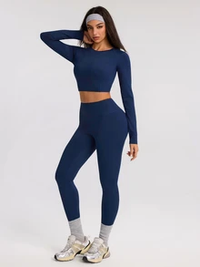 Eassivo Women's Solid Color Long Sleeve Top And High Waist Leggings Casual Daily Sports Outfit - Navy Blue - View 2