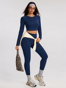 Eassivo Women's Solid Color Long Sleeve Top And High Waist Leggings Casual Daily Sports Outfit - Navy Blue - View 5