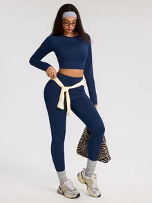Eassivo Women's Solid Color Long Sleeve Top And High Waist Leggings Casual Daily Sports Outfit - Navy Blue - View 7