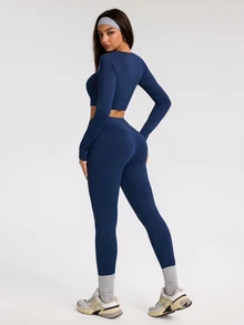 Eassivo Women's Solid Color Long Sleeve Top And High Waist Leggings Casual Daily Sports Outfit - Navy Blue - View 4