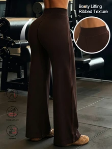 Solea Cove 1pc Women's Seamless Ribbed Solid Color Side Stripe Street Casual Yoga Studio Training Long Straight Leg Leggings - Coffee Brown - View 1