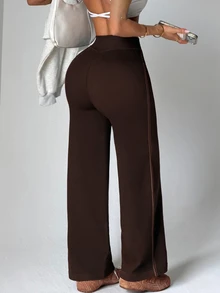 Solea Cove 1pc Women's Seamless Ribbed Solid Color Side Stripe Street Casual Yoga Studio Training Long Straight Leg Leggings - Coffee Brown - View 5