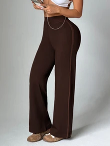 Solea Cove 1pc Women's Seamless Ribbed Solid Color Side Stripe Street Casual Yoga Studio Training Long Straight Leg Leggings - Coffee Brown - View 4