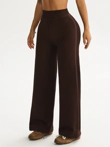 Solea Cove 1pc Women's Seamless Ribbed Solid Color Side Stripe Street Casual Yoga Studio Training Long Straight Leg Leggings - Coffee Brown - View 7