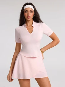 Eassivo Eassivo Women's Solid Color Raglan Short Sleeve T-Shirt And Skort Sports Set - Pink - View 4