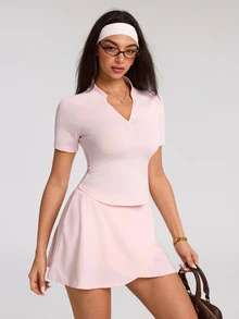 Eassivo Eassivo Women's Solid Color Raglan Short Sleeve T-Shirt And Skort Sports Set - Pink - View 5