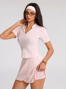Eassivo Eassivo Women's Solid Color Raglan Short Sleeve T-Shirt And Skort Sports Set - Pink - View 7