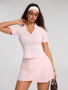 Eassivo Eassivo Women's Solid Color Raglan Short Sleeve T-Shirt And Skort Sports Set - Pink - View 6