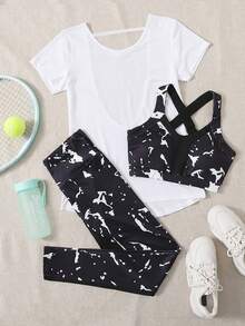Velisys Velisys 3pcs Graphic Print Sports Set Workout Setwomen Workout Set Women Leggings Set - Black and White - View 3