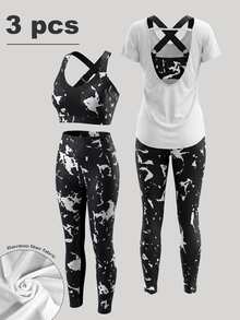 Velisys Velisys 3pcs Graphic Print Sports Set Workout Setwomen Workout Set Women Leggings Set - Black and White - View 2