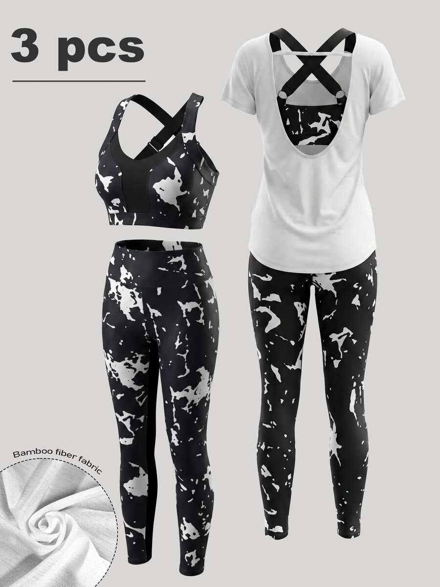 Velisys Velisys 3pcs Graphic Print Sports Set Workout Setwomen Workout Set Women Leggings Set