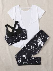 Velisys Velisys 3pcs Graphic Print Sports Set Workout Setwomen Workout Set Women Leggings Set - Black and White - View 6