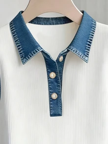 Resyla [Denim Effect] Women's Color-Blocked Polo Collar Casual And Versatile Tank Top, Suitable For Everyday Wear - Multicolor - View 4