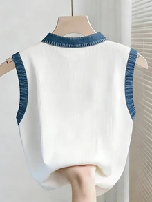 Resyla [Denim Effect] Women's Color-Blocked Polo Collar Casual And Versatile Tank Top, Suitable For Everyday Wear - Multicolor - View 2