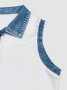 Resyla [Denim Effect] Women's Color-Blocked Polo Collar Casual And Versatile Tank Top, Suitable For Everyday Wear - Multicolor - View 5