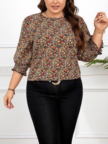Reflora Women's Plus Size All Over Floral Printed Lantern Sleeve Blouse Fall - Multicolor - View 5