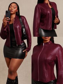 SHEIN SXY Red Snake Skin Jacquard PU Fitted Long Sleeve Cropped Zip-Up Jacket Winter - Red - View 1