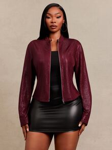 SHEIN SXY Red Snake Skin Jacquard PU Fitted Long Sleeve Cropped Zip-Up Jacket Winter - Red - View 3
