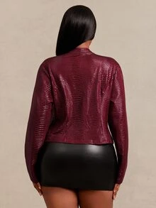 SHEIN SXY Red Snake Skin Jacquard PU Fitted Long Sleeve Cropped Zip-Up Jacket Winter - Red - View 2