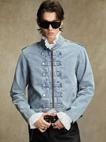 ROMWE MEN Grunge Punk ملابس علوية رجالي من الدنيم بأكمام طويلة بتصميم رجعي من العصور الوسطى - الأزرق - مشاهدة 4
