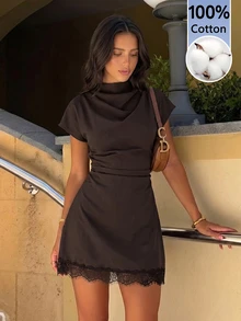 Firerie Women's Vintage Versatile Lace Patchwork Pleated Dress - Dark Brown - View 4