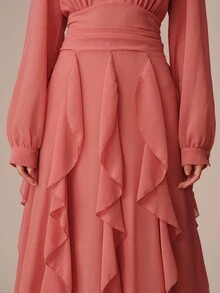 BELROSIE Vestido de manga larga con cuello en V, cintura fruncida y bajo con volantes, de gasa ligera, estilo vacacional para mujer - Naranja - Ver 1