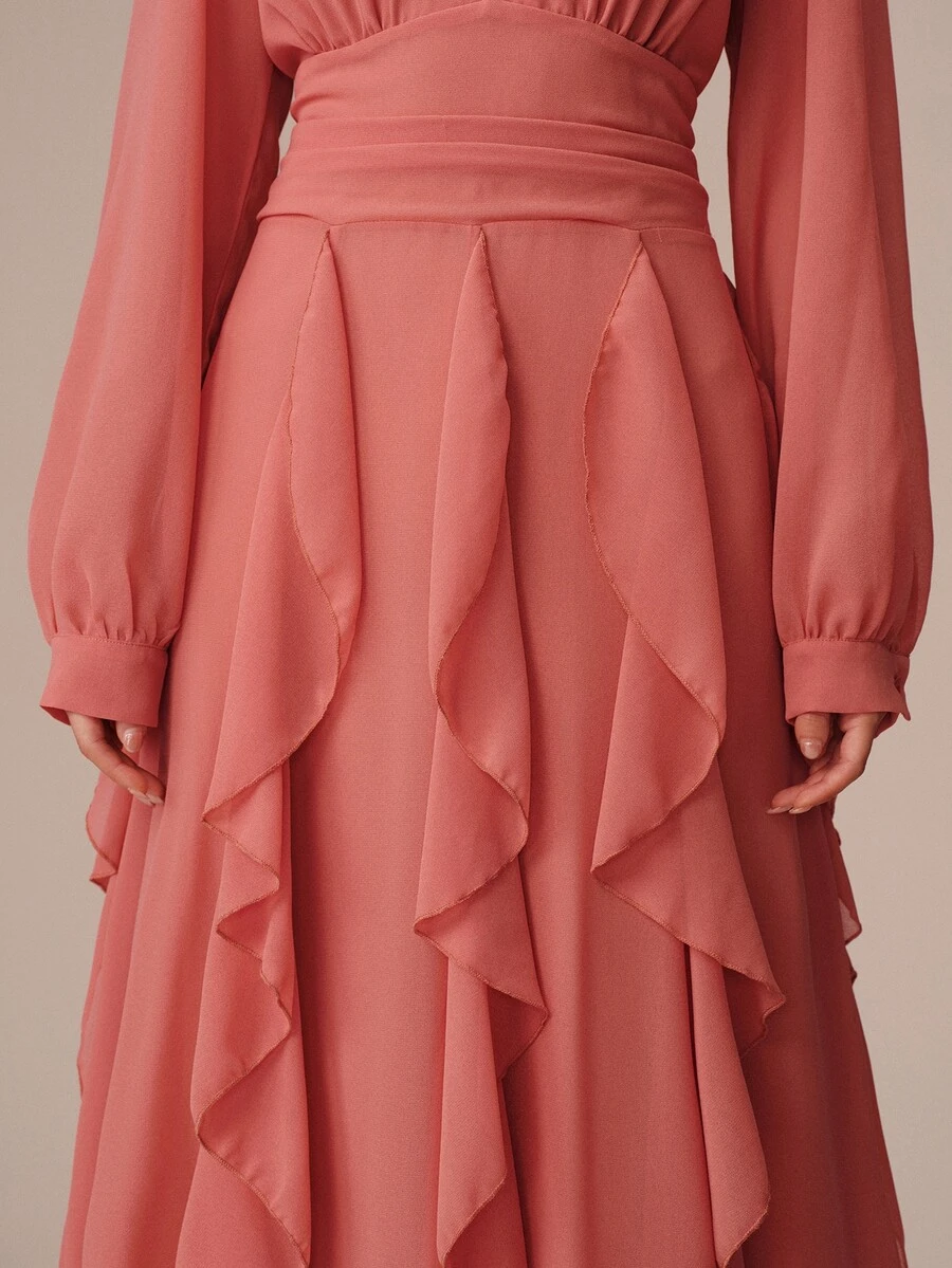 BELROSIE Vestido de manga larga con cuello en V, cintura fruncida y bajo con volantes, de gasa ligera, estilo vacacional para mujer - Naranja - Ver 1