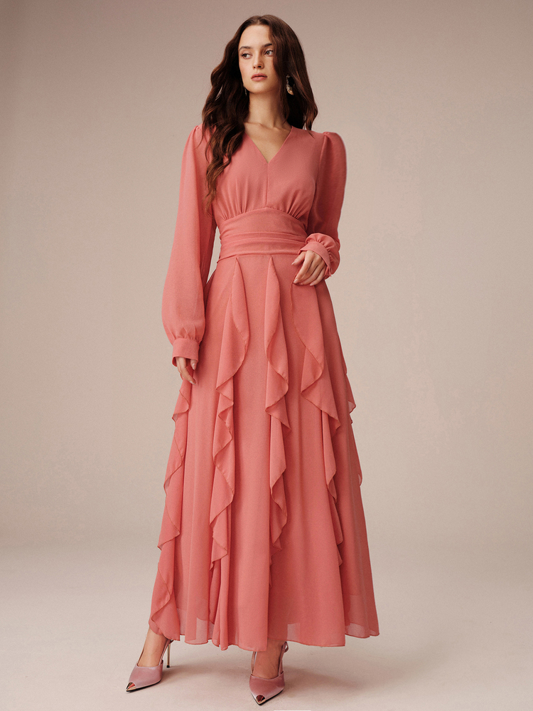 BELROSIE Lightweight Vacation Style Chiffon V-Neck Ruched Waist Ruffle Hem Long Sleeve Dress For Women - Orange - View 4