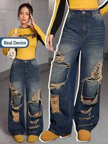 SHEIN Teen Girl Distressed Wide Leg Jeans Fall Winter - Bronze - View 1