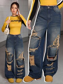 SHEIN Teen Girl Distressed Wide Leg Jeans Fall Winter - Bronze - View 4