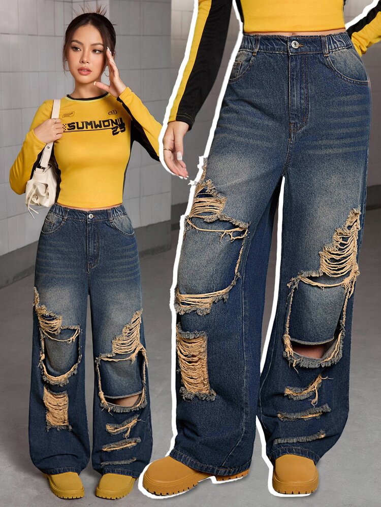SHEIN Teen Girl Distressed Wide Leg Jeans Fall Winter - Bronze - View 4