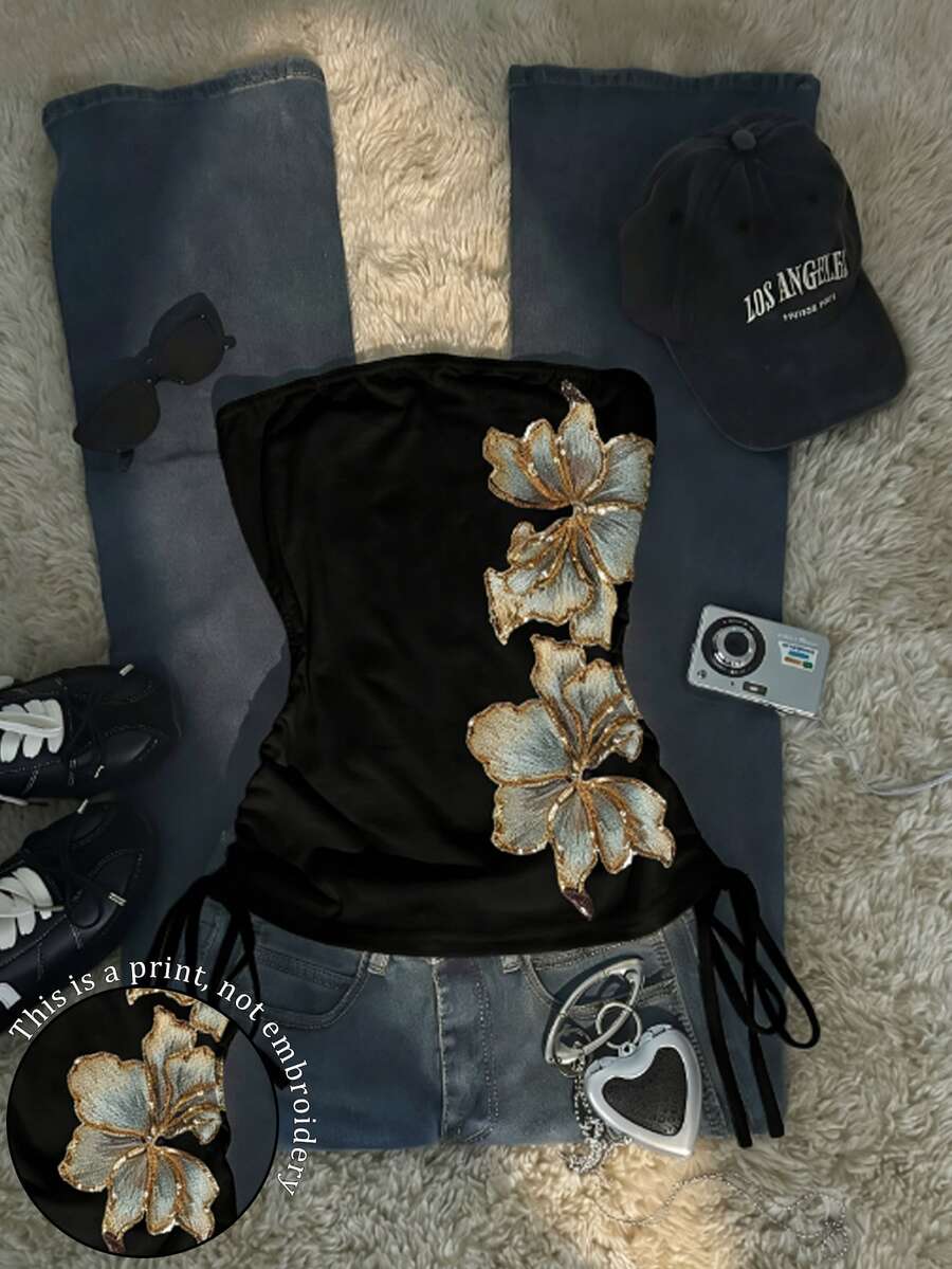 SHEIN [印花設計] 女款花卉印花抽繩側邊設計時尚抹胸上衣 - 彩色 - 查看 1