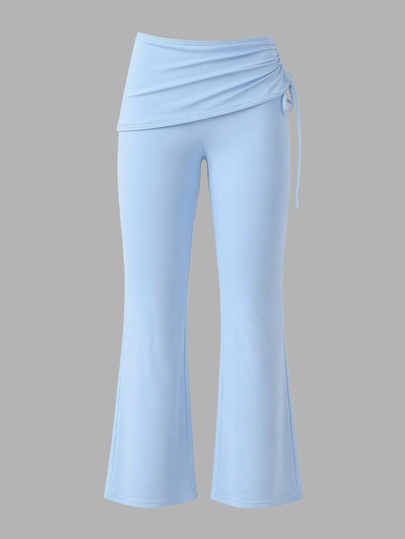 Sweetra Light Blue Summer Casual Fitness Foldable Waistband Flare Pants, Pilates Holiday Cute Airport Outfit Spring, Foldable Flare Pants, High Waist Pleated Long Flare Pants, Women's Casual Minimalist Blue Cuffed Waist Pleated Long Flare Pants