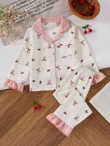 SHEIN Sweet Style Cherry & Bow Print Long Sleeve Cardigan And Pants 2 Pieces Set, Casual Comfortable Loungewear For Young Girl - Multicolor - View 6