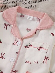 SHEIN Sweet Style Cherry & Bow Print Long Sleeve Cardigan And Pants 2 Pieces Set, Casual Comfortable Loungewear For Young Girl - Multicolor - View 8
