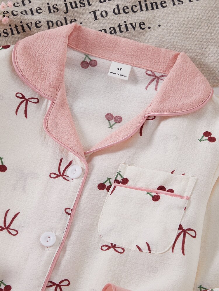 SHEIN Sweet Style Cherry & Bow Print Long Sleeve Cardigan And Pants 2 Pieces Set, Casual Comfortable Loungewear For Young Girl - Multicolor - View 7