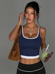 Dewbera Dewbera Tank Top Olahraga Wanita untuk Yoga dan Aktivitas Luar Ruangan dengan Tali Bahu yang Dapat Diatur dan Warna Kontras - Navy Blue - View 1