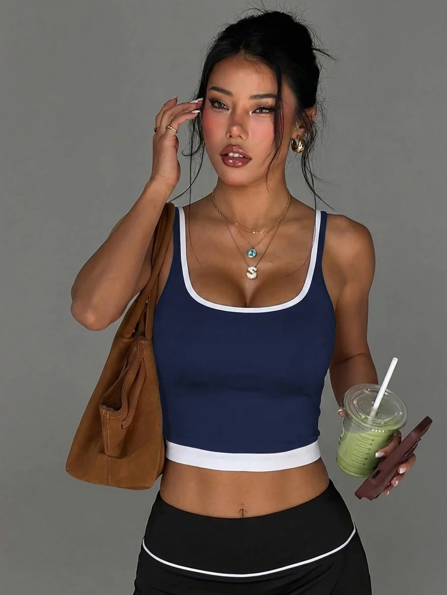 Dewbera Dewbera Tank Top Olahraga Wanita untuk Yoga dan Aktivitas Luar Ruangan dengan Tali Bahu yang Dapat Diatur dan Warna Kontras - Navy Blue - View 1