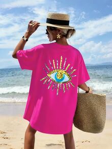 DrmWander [印花設計] 女款寬鬆休閒落肩眼睛印花 T-shirt，舒適版型，亮粉色，適合海灘度假與夏季 - 玫紅色 - 查看 3