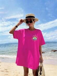DrmWander [印花設計] 女款寬鬆休閒落肩眼睛印花 T-shirt，舒適版型，亮粉色，適合海灘度假與夏季 - 玫紅色 - 查看 5