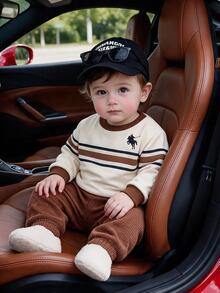 Souflis Souflis 2pcs Toddler Boy Sweatshirt Pants Set Preppy Beige Brown Striped Embroidery Corduroy Ribbed Long Sleeve Round Neck Regular Party Fall Sweaters Jumpers - Brown - View 2
