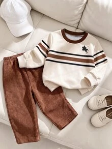 Souflis Souflis 2pcs Toddler Boy Sweatshirt Pants Set Preppy Beige Brown Striped Embroidery Corduroy Ribbed Long Sleeve Round Neck Regular Party Fall Sweaters Jumpers - Brown - View 4