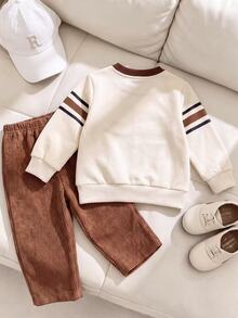 Souflis Souflis 2pcs Toddler Boy Sweatshirt Pants Set Preppy Beige Brown Striped Embroidery Corduroy Ribbed Long Sleeve Round Neck Regular Party Fall Sweaters Jumpers - Brown - View 5