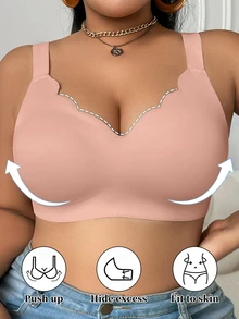 SHEIN Plus Size Women's Seamless Wirefree Bra Push Up Soft Support V-Neck Bra, Wide Strap Comfortable 1 Piece - Dusty Pink - View 4